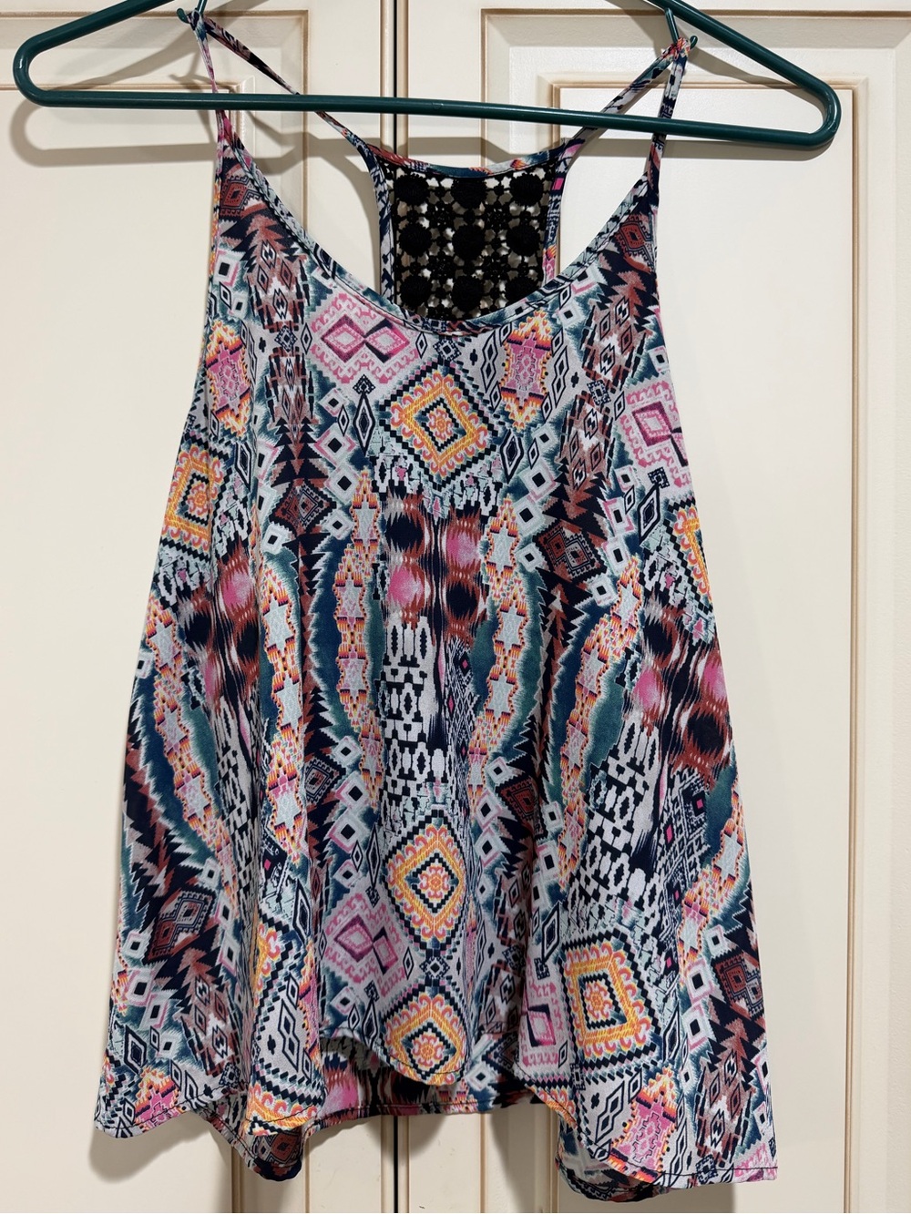 Lush Boho Aztec Print Crochet Back Tank Top Size Small